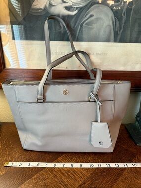 Tory Burch Light Gray Saffiano Leather Tote with Gold Logo